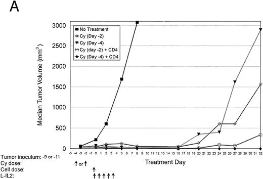 Fig. 4. Normal C57BL/6 mice were inoculated with MC-38 SC in the right hindflank (Table 1, experiment 4). After 7 days, mice received Cy. Cellular therapy + L-IL-2 was started either 2 or 4 days after Cy. (A) Median tumor volumes for each treatment group. (B) Graph of disease-free survival for each treatment group.