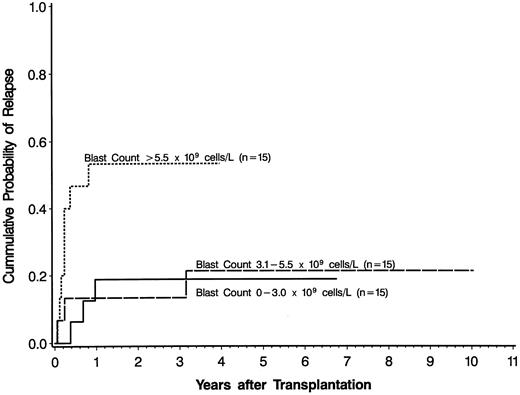Fig. 2. Cumulative incidence curves of relapse for 46 patients with previously untreated secondary AML based on PB blast count before the start of the transplant preparative regimen: (1) 0 to 3.0 × 109 cells/L (n = 16); (2) 3.1 to 5.5 × 109 cells/L (n = 15); (3) < 5.5 × 109 cells/L (n = 15).