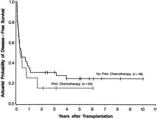 Fig. 3. Actuarial probability curves of disease-free survival for patients with secondary AML who received induction chemotherapy before transplantation and were in first or second complete remission or first untreated relapse at time of transplantation (n = 20) compared to patients with secondary AML who received no induction chemotherapy before transplantation (n = 46). Tick marks represent patients alive in continuous complete remission.