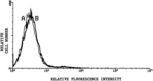 Fig. 1. Flow cytometric analysis of MECA 79 antigen on KG1a cells. Representative flow cytometric profiles are shown of (A) rat IgM isotype control and (B, bold line) MECA 79 primary antibodies, followed by FITC-conjugated secondary antibody. Note that MECA 79 levels were indistinguishable from isotype control.