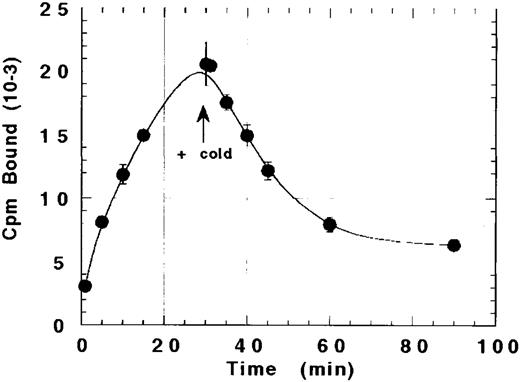 Fig. 3. Failure of cold TPO to completely displace bound 125I-rhTPO from platelets. Human PRP was incubated with 125I-rhTPO for 30 minutes before the addition of a greater than 1,000-fold excess of cold TPO. Platelet-associated radioactivity (n = 2 per timepoint) was sampled before and after the addition of cold rhTPO.
