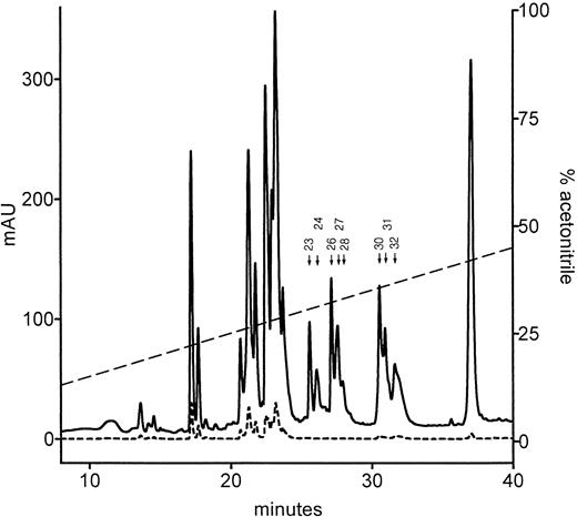 Fig. 3. RP-HPLC purification of Gla domain fragments resulting from endoproteinase Asp-N digestion of the protein C light chain originating from plasma of the patient. The peptides were eluted with a linear gradient of acetonitrile, and the effluent was monitored as the absorbance at 214 nm (full line) and 280 nm (broken line). The putative N-terminal Gla fragment(s) of interest absorb at 214 nm, but not at 280 nm, because they are free of Trp and Tyr residues. Peaks fulfilling this criteria are indicated by arrows and numbers. Mass spectra and sequence analysis of each of these fractions showed that the N-terminal Gla domain fragments of the light chain are present in fractions 30 and 31 (see Table 4 and Fig 4).