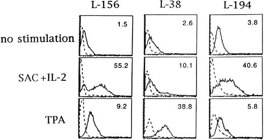 Fig. 1. Upregulation of CD6 expression on B-CLL cells by activation with SAC plus IL-2 and TPA. B-CLL cells from L-156, L-38, and L-194 patients were cultured with or without SAC (0.005%) plus IL-2 (100 U/mL) or TPA (50 nmol/L) for 72 hours and analyzed for CD6 expression with IOR-T1 MoAb by flow cytometry. The dashed line represents background fluorescence and the solid line represents CD6 fluorescence. CD6-specific MFI is in the upper right corner of each panel. The x-axis corresponds to logarithmic fluorescence intensity and the y-axis to cell number.