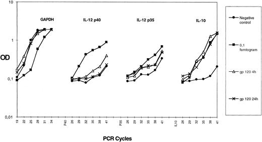 Fig. 5. Effect of HIV recombinant gp120 on IL-10 mRNA accumulation in monocytes. Elutriated monocytes were cultured with HIV recombinant gp120. Cells were harvested for IL-10, p35, p40, and GAPDH mRNA assay at 4 hours or 24 hours after the beginning of the culture. For each gene, the 0.1-fg-point of purified PCR product amplified in the same experiment is shown. Each point plotted represents the mean of duplicate culture samples. Similar results were obtained in another experiment.
