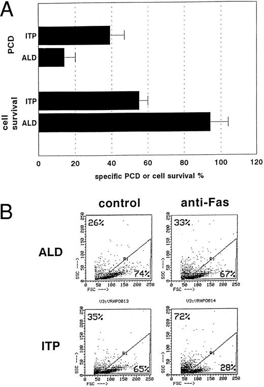 Fig. 3. Comparison bewteen Fas-induced cell death detected as percentage of specific cell survival by the trypan blue exclusion test and as percentage of specific cell death detected by FACS analysis of shrunken/hypergranular cells. Both methods detected defective Fas activity in patients with ALD (n = 6) and not in those with typical chronic ITP (n = 6) (P < .01 using the nonparametric Mann-Whitney test). T cells were incubated for 18 hours in the presence of anti-Fas MoAb (A). Total cell survival was then assessed by the trypan blue exclusion test, and the proportion of apoptotic cells was detected by FACS analysis of shrunken/hypergranular cells using the FSC/SSC FACS parameters. Results are expressed as means ± SD. A significant inverse correlation was found between the two methods (r = −.84, P < .001). (B) FACS analysis of cultured T cells derived from a patient with ALD and one with ITP and treated with control medium or the anti-Fas MoAb for 18 hours. In each plot, the same gate (R1) was set between apoptotic and live cells, and the proportion of these cells is shown in the upper left and lower right corners, respectively.