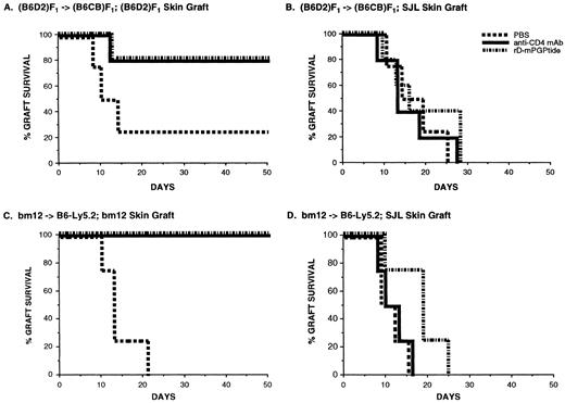 Fig. 2. Tolerance and immune reconstitution in rD-mPGPtide–treated chimeric mice. On day 60 post-BMT, recipient mice from the haploidentical (A and B) and the MHC class II-disparate (C and D) strain combinations were transplanted with tail skin grafts from the corresponding donor, the host, or an unrelated third party strain (SJL, H2s). Skin graft survival was monitored in four to five mice receiving transplants per group. The data shown are from one experiment representative of two performed for each strain combination.