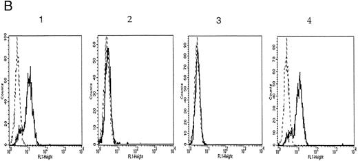 Fig. 4. Detection of the E2A/pbx1 chimeric protein in patient bone marrow specimens using the G289-781 MoAb. (A) Western blot analysis of specimens from four representative patients (lanes 1 to 4), 697 cell lysate (lane 5), and Namalwa cell lysate (lane 6) using the G289-781 MoAb. (B) Flow cytometric analyses of the same patient specimens with an isotype control antibody (- - - -) or G289-781 MoAb (——). (C) Representative immunohistochemical staining of bone marrow specimens from patient 1 (top) and patient 3 (bottom) using an isotype-matched negative control antibody (left), an E2A-specific positive control antibody (G98-271.1, center), and the E2A/pbx1-specific G289-781 MoAb (right).