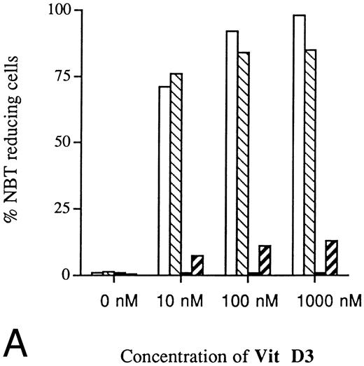 Fig. 9. Inhibited induction of differentiation by ATRA or Vit D3 in RB-transfected U-937 cells as compared with mock-transfected cells. Cells (0.2 × 106 /mL) of the RB-transfected clones (▪) B3 and (▨) B4, both stably overexpressing pRb, as well as mock-transfected clones (□) M2 and (▧) M6 were incubated with ATRA (A) or Vit D3 (B) at concentrations ranging from 0 to 1,000 nmol/L 4 days followed by an NBT-reducing test. Two hundred cells from each clone were counted and the percentage of cells containing reduced NBT was determined. Results shown are mean values from three separate experiments.