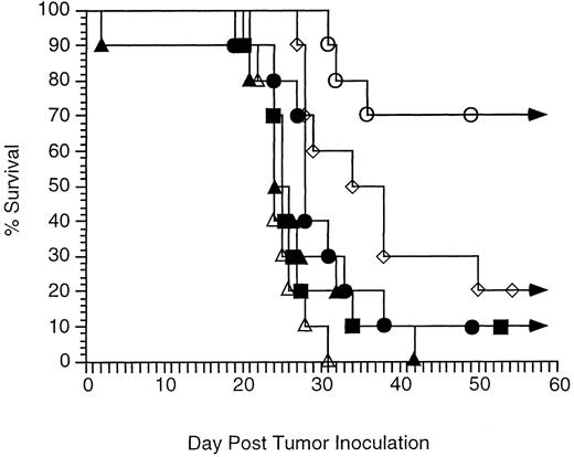 Fig. 5. Therapy with CpG ODN and MoAb enhances survival more effectively than therapy with control methylated ODN and MoAb. Immunocompetent C3H mice were inoculated with 2,500 tumor cells IP on day 0. Therapy consisted of MoAb alone, control methylated ODN alone, CpG ODN alone, control methylated ODN and MoAb, or CpG ODN and MoAb. Mice were followed for tumor development, toxicity, and survival. Each group contained 10 mice. Curves depict percent survival over 60 days. No mice living at day 60 developed tumor, and all survived more than 5 months. No toxicity was observed in any group. (▪) No therapy; (•) MoAb on day 3; (▴) control methylated ODN on day 2; (▵) CpG ODN on day 2; (⋄) control methylated ODN on day 2 and MoAb on day 3; (○) CpG ODN on day 2 and MoAb on day 3.
