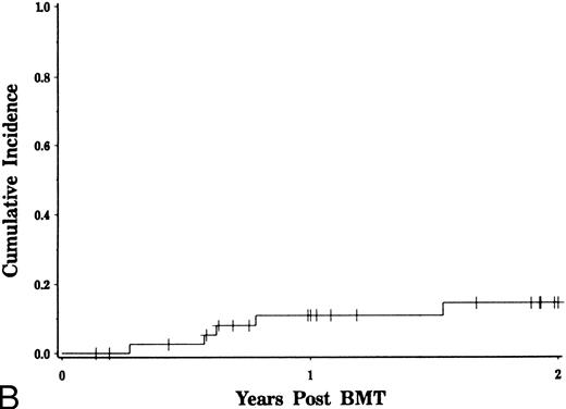Fig. 1. Incidence of acute and chronic GVHD after CD6 depleted allo-BMT. The estimated probability of developing grades 2 to 4 and 3 to 4 acute GVHD is depicted in (A). The incidence of chronic GVHD over time is shown in (B).