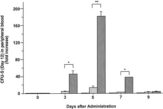 Fig. 6. Changes in the number of CFU-S (day 12) during the administration of FL at 20 μg/kg (□), G-CSF at 250 μg/kg (), and FL plus G-CSF () for 5 days. Data are expressed as mean ± SE fold increases relative to mice before treatment. Points that differ significantly from data for G-CSF administration on the same day are marked: **P < .005, *P < .05.