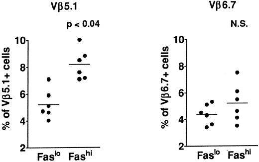 Fig. 5. Comparison of Vβ5.1 and Vβ6.7 expression in CD4+Faslo and CD4+Fashi thymocytes from six MG patients. CD8-depleted thymocytes were labeled with anti-Fas, PE-coupled anti-CD4, FITC-coupled anti-Vβ5.1 or -Vβ6.7. After setting gates to define Faslo and Fashi cells, Vβ5.1 and Vβ6.7 expression was analyzed in these gates and compared by using the Wilcoxon test. Vβ5.1-expressing cells were enriched in Fashi cells compared with Faslo cells, whereas Vβ6.7-expressing cells were equally represented in both populations.