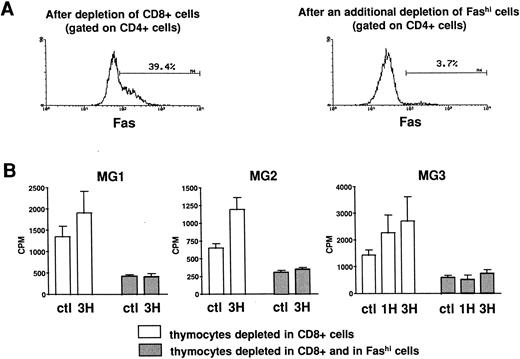 Fig. 6. Involvement of Fashi thymocytes in the proliferative response to peptides from the AChR in three MG patients. (A) CD8-depleted thymocytes were labeled with anti-Fas (left). CD8-depleted thymocytes undergoing an additional depletion in Fashi cells were similarly labeled; about 90% of total Fashi cells were depleted (right). (B) After a 6-day period culture in the absence or in the presence of peptides from the AChR (1H and/or 3H, 5 μg/mL) the incorporation of 3H-thymidine (1 μCi for 0.2 × 106 cells during 20 hours) was analyzed and is expressed in counts per minute (means ± SEM from 4 to 8 determinations). When Fashi cells were depleted, the spontaneous proliferation of CD8-depleted cells was abrogated and the proliferative response to AChR peptides is abolished.