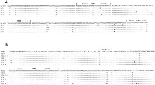 Fig. 3. Intraclonal heterogeneity of lymphoma V genes. The four VL and 10 VH clones sequenced from case HA are shown in (A) and (B), respectively, compared with the proposed germline genes. VH clones HC6, HC8, HC9, and HC10 were isolated from the lymph node specimen, while the others were derived from the parotid gland specimen. Replacement mutations are in upper case, while silent mutations are in lower case. Mutations not common to all of the VH or VL sequences are bolded and also listed in Table 4 along with similar mutations identified in the other lymphoma V genes. Individual clones referred to in the text are prefixed with the identifying patient letters, eg, HAHC10 refers to clone HC10 from patient HA.