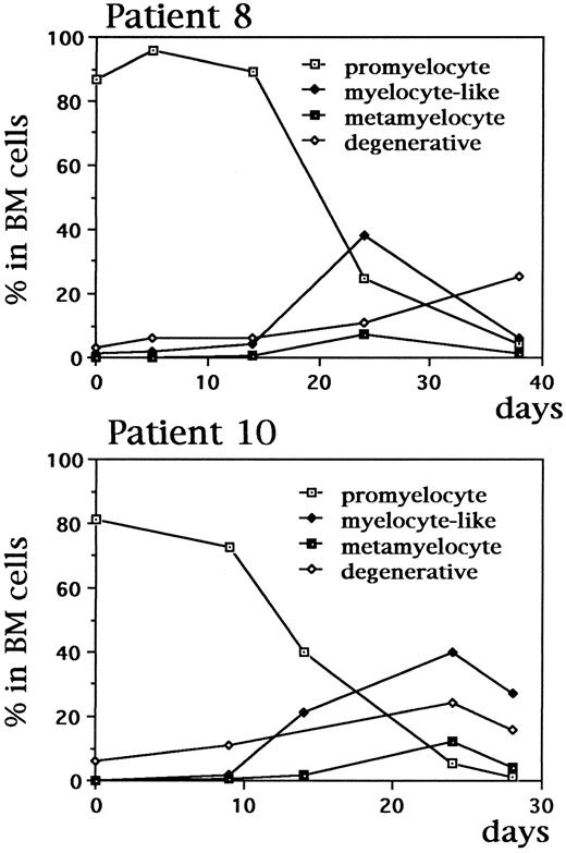 Fig. 8. Dynamic changes of the percentages of promyelocyte, myelocyte-like cells, metamyelocyte and degenerative cells among BM nucleated cells during As2O3 treatment in two APL patients. Similar results were also seen in other five patients investigated.