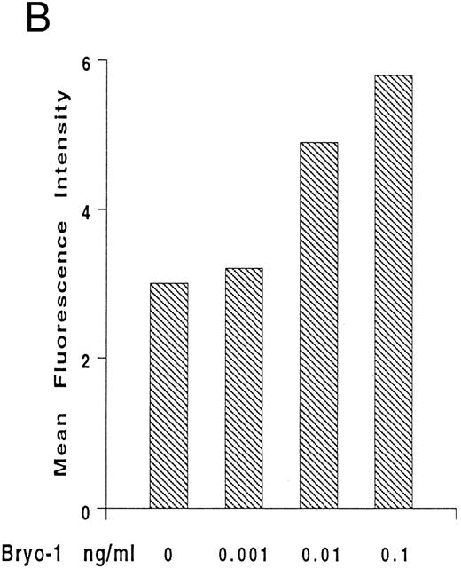 Fig. 5. Upregulation by bryo-1 of IL-2Rγ chain expression. (A) Total RNA was extracted from monocytes stimulated for different time points with medium alone or supplemented with increasing concentrations of bryo-1, and analyzed by Northern blot for IL-2Rγ mRNA expression (upper panel). The blot was then rehybridized with the GAPDH probe (lower panel). The two IL-2Rγ mRNA species of 1.8 and 3.6 Kb are indicated in the figure. (B) Flow cytometric analysis was performed on medium-treated monocytes or on monocytes stimulated for 12 hours with 0.001 to 0.1 ng/mL of bryo-1. Cells were stained by indirect immunofluorescence with the anti-p64 MoAb 1A11, followed by FITC-conjugated goat-antimouse IgG, as detailed in Materials and Methods. Analysis was performed on an EPICS Profile flow cytometer with gate settings specific for monocytes. Values shown indicate the MFI, determined on a logarithmic scale, of the FITCI-1A11 MoAb staining (directly related to the density of IL-2Rγ molecules in individual cells) calculated by subtracting the MFI of isotype-matching IgG1 from the MFI of 1A11-stained cells.