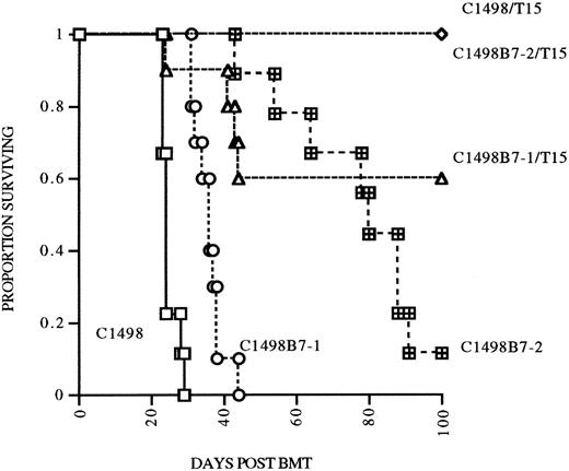 Fig. 5. Effect of B7-1 or B7-2 expression on eradication of leukemia postsyngeneic BMT. Syngeneic BMT mice received either C1498, C1498B7-1, or C1498B7-2, 2 × 105 IV on day 0, with treatment groups receiving T15 107 IV on days 1, 8, and 15 (n = 10/grp).