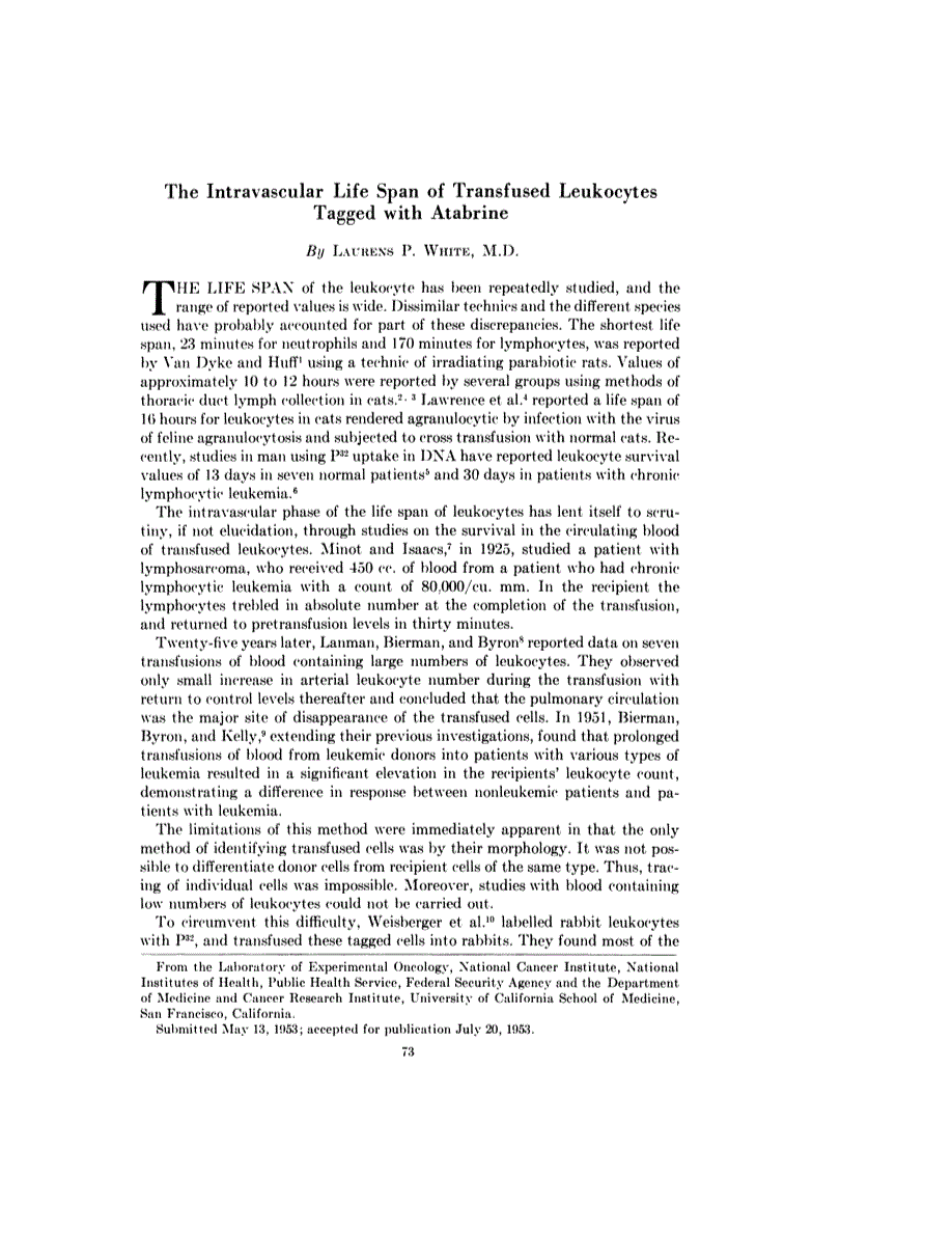First page of The Intravascular Life Span of Transfused Leukocytes Tagged with Atabrine