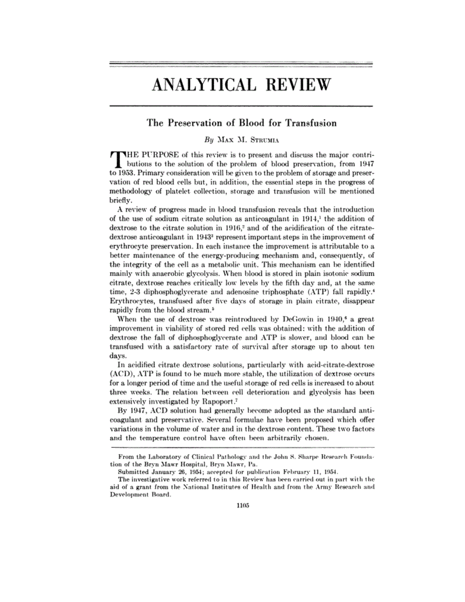 First page of Analytical Review: The Preservation of Blood for Transfusion