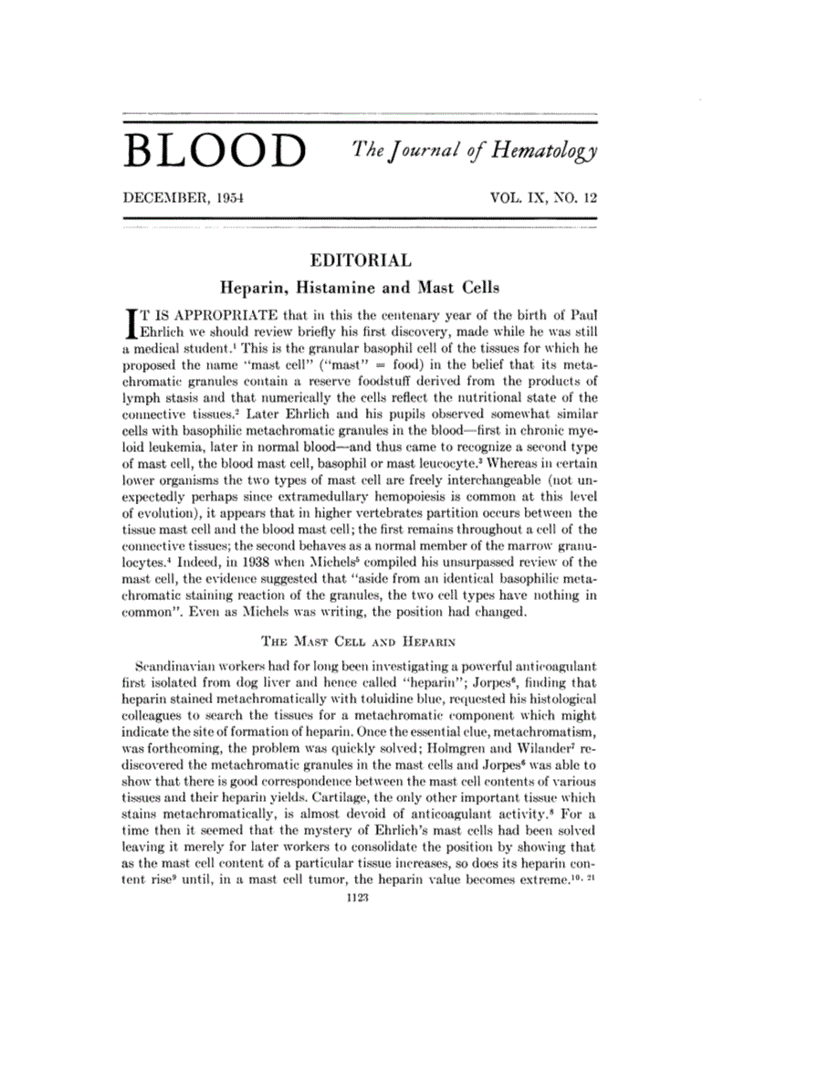 First page of Editorial: Heparin, Histamine and Mast Cells