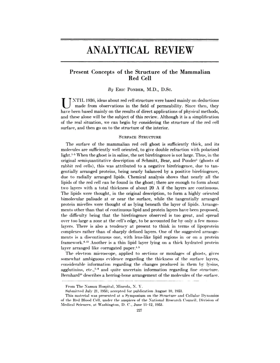 First page of Analytical Review: Present Concepts of the Structure of the Mammalian Red Cell