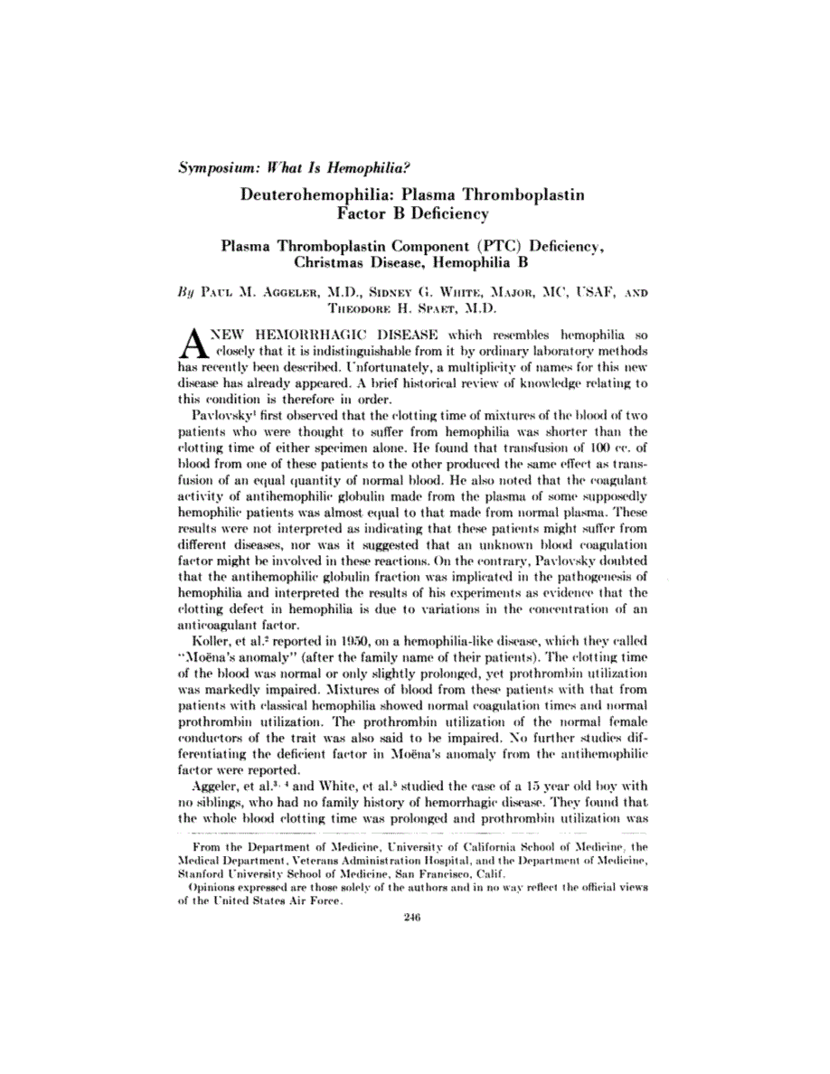 First page of Symposium: What Is Hemophilia?: Deuterohemophilia: Plasma Thromboplastin Factor B Deficiency <subtitle>Plasma Thromboplastin Component (PTC) Deficiency, Christmas Disease, Hemophilia B</subtitle>