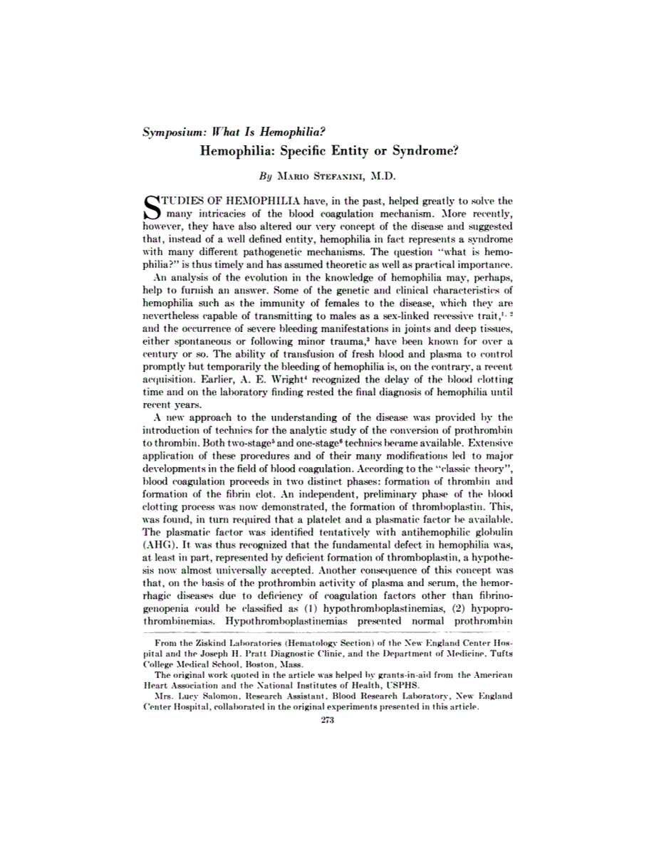 First page of Symposium: What Is Hemophilia?: Hemophilia: Specific Entity or Syndrome?