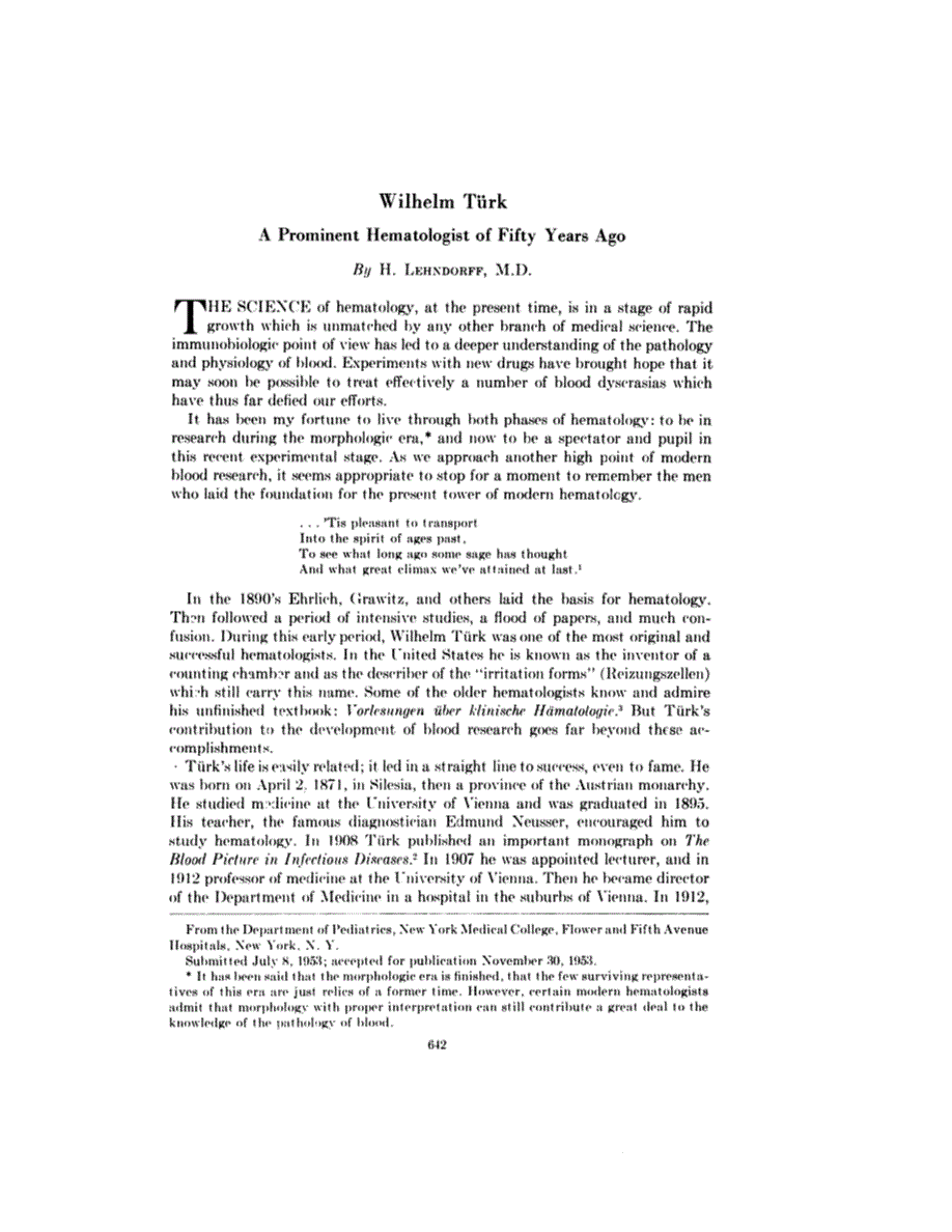 First page of Wilhelm Türk <subtitle>A Prominent Hematologist of Fifty Years Ago</subtitle>