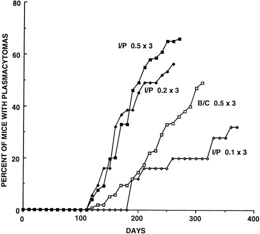 Fig. 1. Plasmacytoma induction curves that compare (a) responses of C.D2 I/P (I/P) and BALB/cAnPt (B/C) mice to three doses of 0.5 mL pristane given on days 0, 60, and 120; and (b) responses of C.D2 I/P mice to three different dose regimens of pristane. The numbers of mice and the percentages at 25-day intervals are given in Table 1. Note that C.D2 I/P mice develop a higher incidence of PCTs more rapidly than BALB/c.