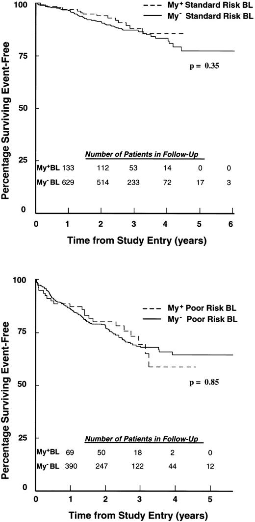 Fig. 3. EFS of children with My+ and My− BL ALL according to NCI risk classification. (Top) Standard risk: 138 My+ BL (hatched line) and 657 My− BL (solid line) patients were followed for 6 years. (Bottom) Poor risk: 79 My+ BL (hatched line) and 456 My− BL (solid line) were followed for 5 years. Percentages of patients achieving EFS during follow-up were calculated as described in Materials and Methods. The number of patients in each group remaining in follow-up at the indicated time points is shown in the inset.