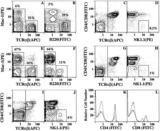 Fig. 4. Flow cytometric analysis of immunoflourescent staining of blood mononuclear cells from untreated C57BL/Ka mice or from mice receiving G-CSF for 5 days. (A) through (D) show two-color analyses of mononuclear cells from untreated mice stained with conjugated MoAbs: PE — anti–Mac-1 versus APC–anti-TCRαβ (A), PE — anti–Mac-1 versus FITC–anti-B220 (B), FITC–anti-CD4 and FITC–anti-CD8 versus APC–anti-TCRαβ (C), and FITC–anti-CD4 and FITC–anti-CD8 versus PE–anti-NK1.1 after gating on TCR αβ+ cells (D). Boxes enclose either Mac-1+, TCR αβ+, or B220+ cells, and the percentage of cells in each box is shown. The vertical line in (C) shows the threshold for gating TCRαβ+ cells. Conjugated isotype-matched irrelevant antibodies stained less than 2% of cells. (E) through (H) show the same staining analyses for mononuclear cells obtained from G-CSF–treated mice. (I) shows the two-color analysis of low-density cells from G-CSF–treated mice after staining for CD4 and CD8 versus TCRαβ receptors. (J) shows the analysis of CD4 and CD8 versus NK1.1 receptors after gating on TCRαβ+ cells from (I). (K) and (L) show one-color analysis of unfractionated mononuclear cells from untreated (solid line) or treated (dashed line) mice stained with FITC–anti-CD4 or FITC–anti-CD8 antibodies, respectively.