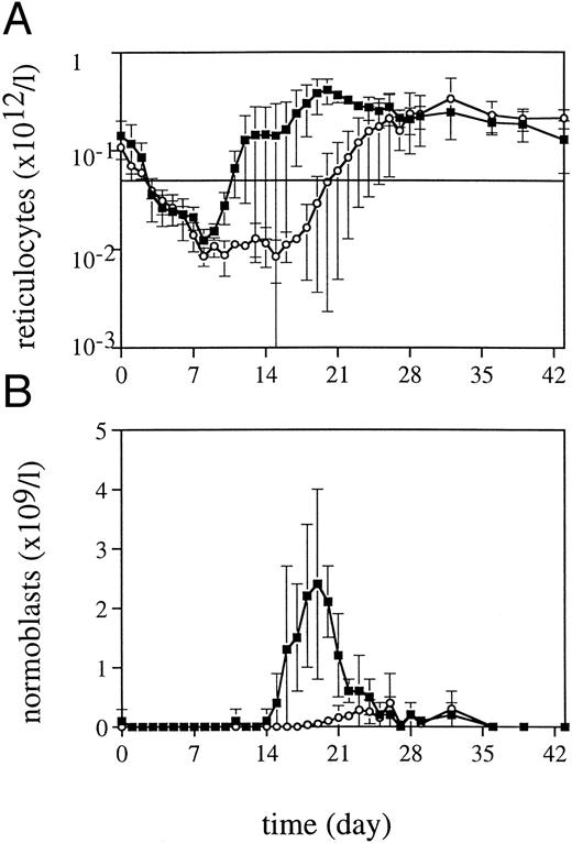 Fig. 2. Reticulocyte regeneration (A) and the appearance of normoblasts (B) after 5 Gy TBI for TPO-treated monkeys (▪, n = 4) and placebo-treated controls (○, n = 4).