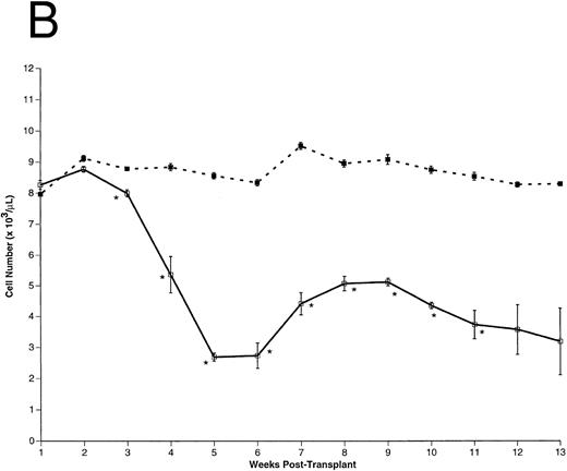 Fig. 3. Peripheral blood cell counts. (A) Total WBCs, (B) RBCs, and (C) platelets were counted in FL-overexpressing (□) and control (▪) animals as a function of time posttransplantation, as described. Results are from a representative experiment. The number of animals analyzed (n) in this experiment is as follows: n = 10 for each group from 0 to 5 weeks posttransplantation, n = 5 in the control group for weeks 6 through 13 posttransplantation, n = 5 in the FL-overexpressing group from week 6 through 9 posttransplantation, n = 3 in the FL-overexpressing group from week 10 through 11 posttransplantation, and n = 2 in the FL-overexpressing group from week 12 through 13 posttransplantation. The data are expressed as an arithmetic mean of cell counts (±1 SEM). The significance of difference between FL-expressing and control animals at each time point was determined using the Student's t-test and is indicated: *P < .001; **.005 < P < .001.