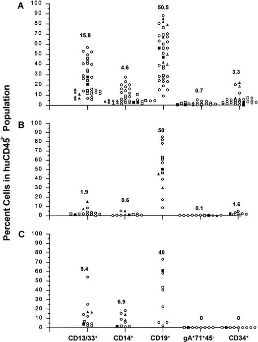 Fig. 2. Summary of huCD45+ cell subpopulations found in mouse BM (A), spleen (B), and PB (C). The percent of the huCD45+ population that also expressed human myeloid cell (CD13/33+ and CD14+), B cell (CD19+), erythroid progenitor cell (gA+71+45−), and CD34+ cell surface markers is shown for all samples analyzed from experiments 1 through 8. Median values are shown above each subpopulation. Samples are identified from experiments 1 (▴, ▵) and 2 (▪, □) where mice received either 10 μg each of human: IL-3, SCF, and GM-CSF, three times per week (▴, ▪), or received no growth factor treatments (▵, □).