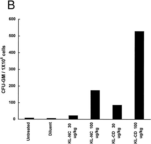 Fig. 5. Mobilization of progenitors (CFU-GM) in mice by continuous infusion of KL-NC or KL-CD. CFU-GM were quantitated in (A) peripheral blood cells or (B) spleen cells of untreated mice or mice implanted with pumps delivering diluent (PBS + BSA), KL-NC, or KL-CD at 30 or 100 μg/kg/d for 6 days. The results are the mean of 3 plates/mice from 2 mice/group and are given as the number of CFU-GM/1 × 106 nucleated blood cells or CFU-GM/1 × 105 nucleated spleen cells plated, respectively.