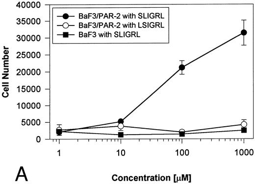 Fig. 2. Time- and concentration-dependent responses to PAR39-44. (A) Mock-transfected BaF3 cells (open circles) or BaF3/PAR-2 cells (closed circles) were plated as outlined in the legend to Fig 1 and incubated with progressive concentrations of PAR39-44 or SLIGRL (closed squares) for 48 hours before MTT analysis. (B) BaF3/PAR-2 cells were studied in the identical fashion for variable periods of time as delineated. All experiments were completed in WEHI− media. Results are expressed as the mean ± SEM of four wells from a single set of experiments.