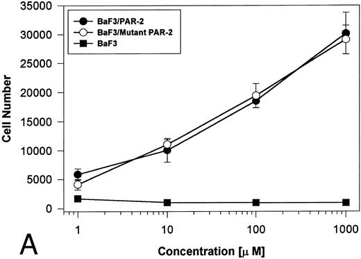 Fig. 7. PAR-2 proliferative responses to synthetic peptidomimetics. BaF3/PAR-2 or BaF3/PAR-2Arg36 → Ala36 (mutant) cell lines were incubated with progressive concentrations of PAR-2–derived (PAR-239-44) (A) or TR-derived (TR42-47) (B) peptidomimetics, essentially as described in the legend to Fig 1. As shown, both cell lines responded almost identically when activated by either TR42-47 or PAR-239-44, although the responses using TR42-47 were consistently ∼70% of those seen using equimolar concentrations of PAR39-44. Results represent the mean ± SEM from four individual wells from a representative set of experiments completed on two occasions.