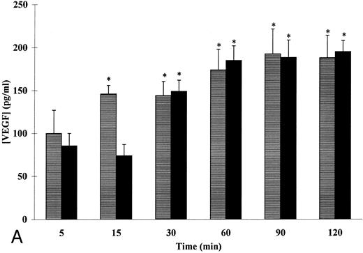 Fig. 4. Kinetics of fMet-Leu-Phe– and TNF-α–induced VEGF (A) and lactoferrin (B) secretion in adherent human neutrophils. Neutrophils (107/mL) were incubated with (▤) 10−7 mol/L of fMet-Leu-Phe and (▪) 20 ng/mL of TNF-α for the indicated periods of times at 37°C. Secreted VEGF and lactoferrin were assessed by specific ELISAs. Each point represents the mean ± SEM of five different determinations. * P < .05 v unstimulated neutrophils.