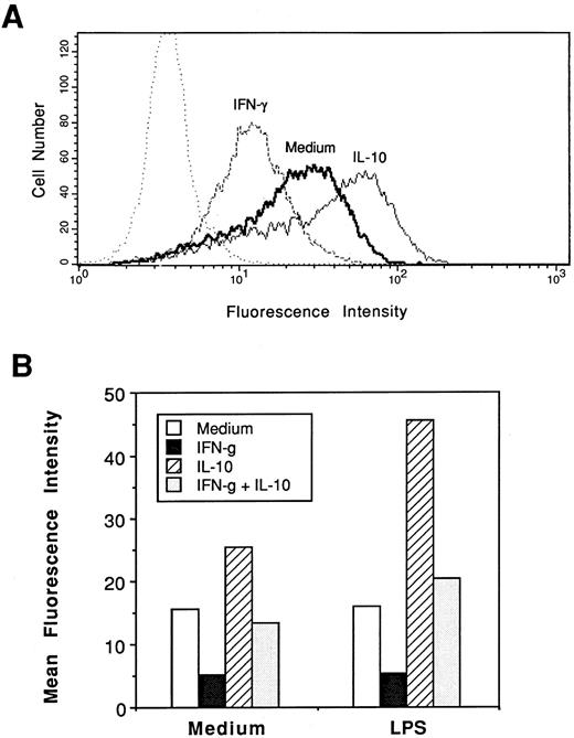 Fig. 1. Effects of IFN-γ and IL-10 on membrane expression of TNF-RII (CD120b) in control and LPS-stimulated monocytes. (A) Normal human monocytes (1 × 106 cells/mL) were incubated in medium alone or in medium containing IFN-γ (10 ng/mL), IL-10 (10 ng/mL), or both for 6 hours. Cells were then labeled with PE-conjugated mouse antihuman TNF-RII (CD120b) mAb and analyzed by FACS. (B) Duplicate cultures of normal human monocytes were pretreated for 30 minutes with medium alone or medium containing IFN-γ (10 ng/mL), IL-10 (10 ng/mL), or both. LPS (10 ng/mL) was then added to one of each pair of these cultures and incubated for an additional 6 hours. At the end of the incubation period, cells were labelled with PE-conjugated anti–TNF-RII mAb and analyzed by FACS. Values represent the mean fluorescence intensities of 1 × 104 cells.