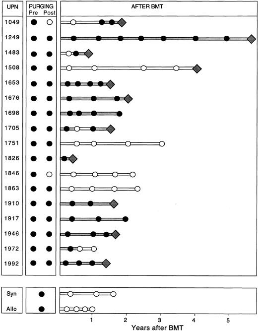 Fig. 5. Results of semi-nested PCR analysis on samples obtained at harvest (Pre), after purging (Post), and after ABMT and at the time of and after syngeneic (Syn) or allogeneic (Allo) BMT in patients with MCL. Filled lines indicate continuous PCR-positive results and unfilled lines indicate continuous PCR-negative results. The diamonds represent relapse.