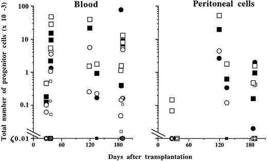 Fig. 9. Total number of progenitor cells in the peripheral blood and peritoneal cavity from mice transplanted with MPZenTPO virus-infected bone marrow cells. The same progenitor cell symbols as in Fig 8 are used. Data from MPZenNeo reconstituted mice are indicated using the same progenitor cell symbols except that these are colored in gray and are of smaller sizes than the ones used for MPZenTPO recipient mice.