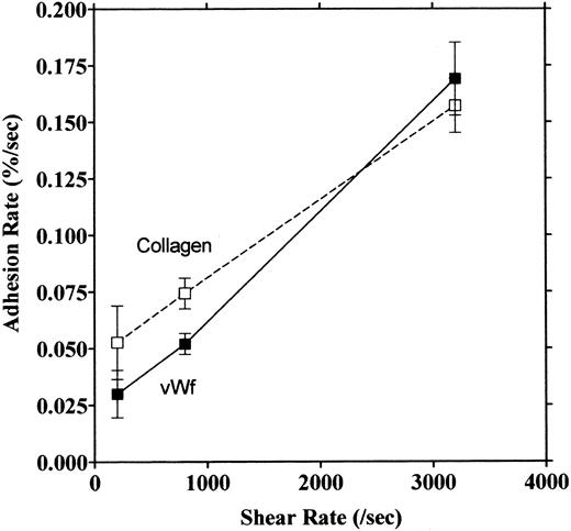 Fig. 4. Relationship between adhesion rate and shear rate. Rates of platelet adhesion on collagen (□) and on vWF (▪) were calculated and expressed as a function of different shear rates. The second phase of collagen adhesion was used for calculation of the adhesion rate. Mean values were calculated from 9 to 13 experiments, and the bars indicate the SEM.
