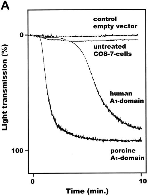 Fig. 4. Functional effect of vWF–A1-domain transfected COS-7 cells on human platelets. (A) Representative plot of recorded aggregation subsequent to incubation of COS-7 cells with platelets at a ratio of 1:200. (B) Comparison of aggregation subsequent to incubation of human A1-domains (aa 473-713: H473-713/aa 475-709: H475-709) transfected COS-7 cells with platelets at ratios of 1:200 and 1:600. (C) Dose-dependent effects of porcine (•) and human (○) A1-domain expressing cells incubated with human washed platelets, prepared as described in Materials and Methods (180,000 platelets/μL). All experiments were performed in the presence of MgCl2 (1.0 mmol/L), CaCl2 (1.0 mmol/L), and fibrinogen (final concentration: 800μg/mL). Aggregation was determined as percentage of maximal light transmission 10 minutes after addition of COS-7 cells. +P < .05 (Mann-Whitney Rank Sum test); **P < .001 and *P < .05 (Student's t-test) for the porcine versus human comparison (n = 5 or 6 separate transfections). Error bars indicate standard errors of the mean.