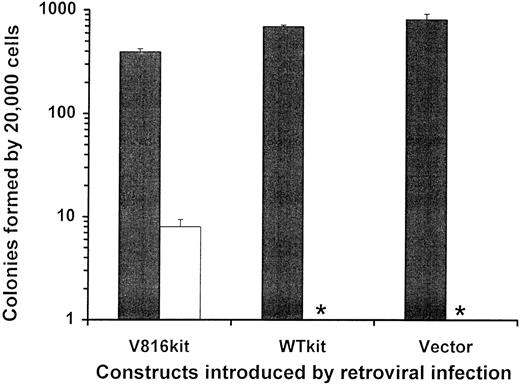 Fig. 1. Colony formation by MTHC infected with retroviruses carrying human Kit encoding constructs. The parent MTHC infected with retroviruses containing either RUFneo, c-kitRUFneo, or mutant kitRUFneo are represented as Vector, WTKit, and V816Kit, respectively. After 1 week of G418 selection in the presence of GM-CSF, cells were plated in triplicate (20,000 per dish) in methylcellulose containing either murine GM-CSF (▪) or no factor (□). Colonies containing more than 50 cells were scored 1 week after plating and the mean colony numbers ± the SEM are shown with the asterisk (*) indicating an absence of colonies.