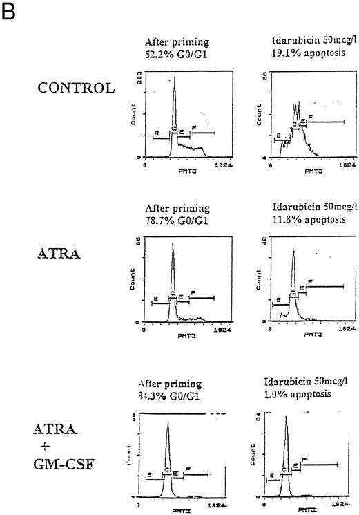 Fig. 3. Apoptosis in HL60, U937, and KG1 cells incubated with ATRA, 1,25(OH)2 D3, and GM-CSF for 72 hours and then exposed to idarubicin 50 μg/L for 24 hours. (A) Apoptosis induced by idarubicin 50 μg/L. Results shown are mean of n = 3 (HL60 & KG1) or n = 7 (U937) experiments; error bars omitted for clarity. Statistical significance: * result statistically different from control; # result statistically different from ATRA/1,25(OH)2 D3 alone, eg, ATRA versus ATRA+GM-CSF; for P values see Table 2. (B) Representative cell-cycle profiles for U937 cells incubated with ATRA and ATRA + GM-CSF, and then exposed to idarubicin 50 μg/L; see Materials and Methods for details: X-axis, red fluorescence, Y-axis, cell number; left-hand plots, after initial incubation (ATRA ± GM-CSF, 72 hours), right-hand plots, after exposure to idarubicin (24 hours); gate B denotes apoptotic fraction, C cells in G0/G1, E S phase, and F G2/M.