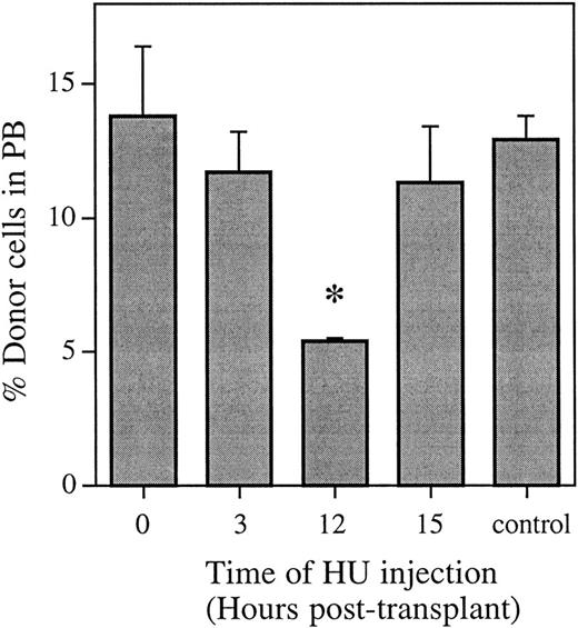 Fig. 3. Proportion of donor bone marrow cells in the peripheral blood 6 weeks posttransplant as determined using FISH. Control animals received an equivalent marrow transplant and no HU. Values are the mean ± SEM for three to four individual animals. *Significantly different v control (P < .01).