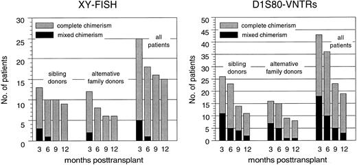 Fig. 4. Proportions of complete chimeric patients as defined by X and Y chromosome FISH or D1S80–VNTR-PCR analysis after PBSC transplantation from genotypically HLA-identical sibling donors or alternative family donors during the first posttransplantation year.
