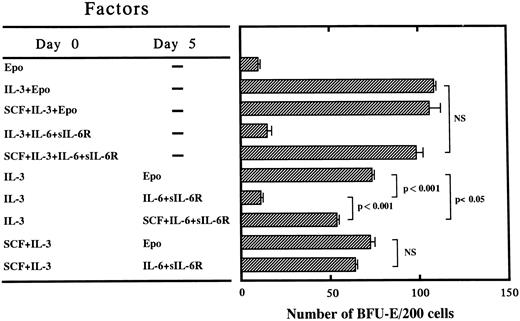 Fig. 1. Effects of delayed addition of Epo, IL-6/sIL-6R, or SCF + IL-6/sIL-6R on erythroid burst formation by 200 PB-derived CD34+IL-6R− cells supported by IL-3 or SCF + IL-3 in serum-containing cultures. (▨) The mean ± SD of the number of BFU-E is shown. Statistical analysis was performed using the two-tailed Student's t-test. NS, not significant.