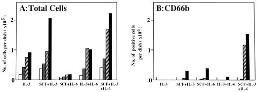 Fig. 4. Number of viable cells (A) and number of cells positive for immunostaining with CD66b (B) on days 5, 7, 10, and 14 of culture in the presence of the designated factors. Cultures were initiated with 2 × 103 PB-derived CD34+IL-6R+ cells per dish. Shown are the numbers of cells on days (□) 5, () 7, (▨) 10, and (▪) 14.