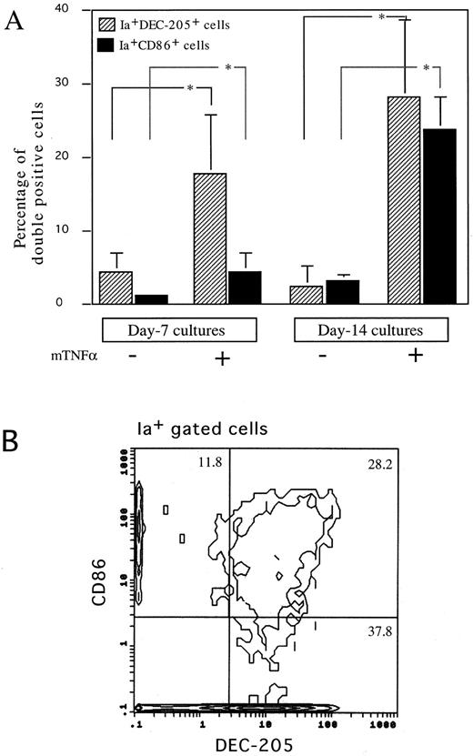 Fig. 3. Immunofluorescence analysis on nonadherent cells generated in Lin−c-kit+ HPCs cultures. (A) Using a two-color immunofluorescence analysis, the proportion of Ia+DEC-205+ (▨) or Ia+CD86+ cells (▪) was determined on nonadherent cells generated from Lin−c-kit+ HPCs cultured with or without mouse TNFα combined with GM-CSF and SCF for 7 and 14 days, respectively. The data are expressed as the mean ± SD of four independent experiments or more. Error bars indicate 1 SD. *P < .05 significance as compared with the cultures without mouse TNFα addition. (B) Three-color immunofluorescence analysis on nonadherent cells generated in Lin−c-kit+ HPCs stimulated with mouse TNFα combined with GM-CSF and SCF for 14 days. These cells were sequentially stained with DEC-205 MoAb, biotinylated CD86 MoAb, and PE-labeled Ia MoAb. DEC-205 and CD86 were then shown by antirat IgG(Fab′ )2-conjugated FITC and CY-streptavidin, respectively. The cell population that expressed high levels of Ia-antigen was gated and the coexpression of DEC-205 and CD86 was analyzed. More than 20,000 events were acquired. Three independent experiments were performed and representative results are shown here. The figures in each quadrant represent the percentage of the cells.